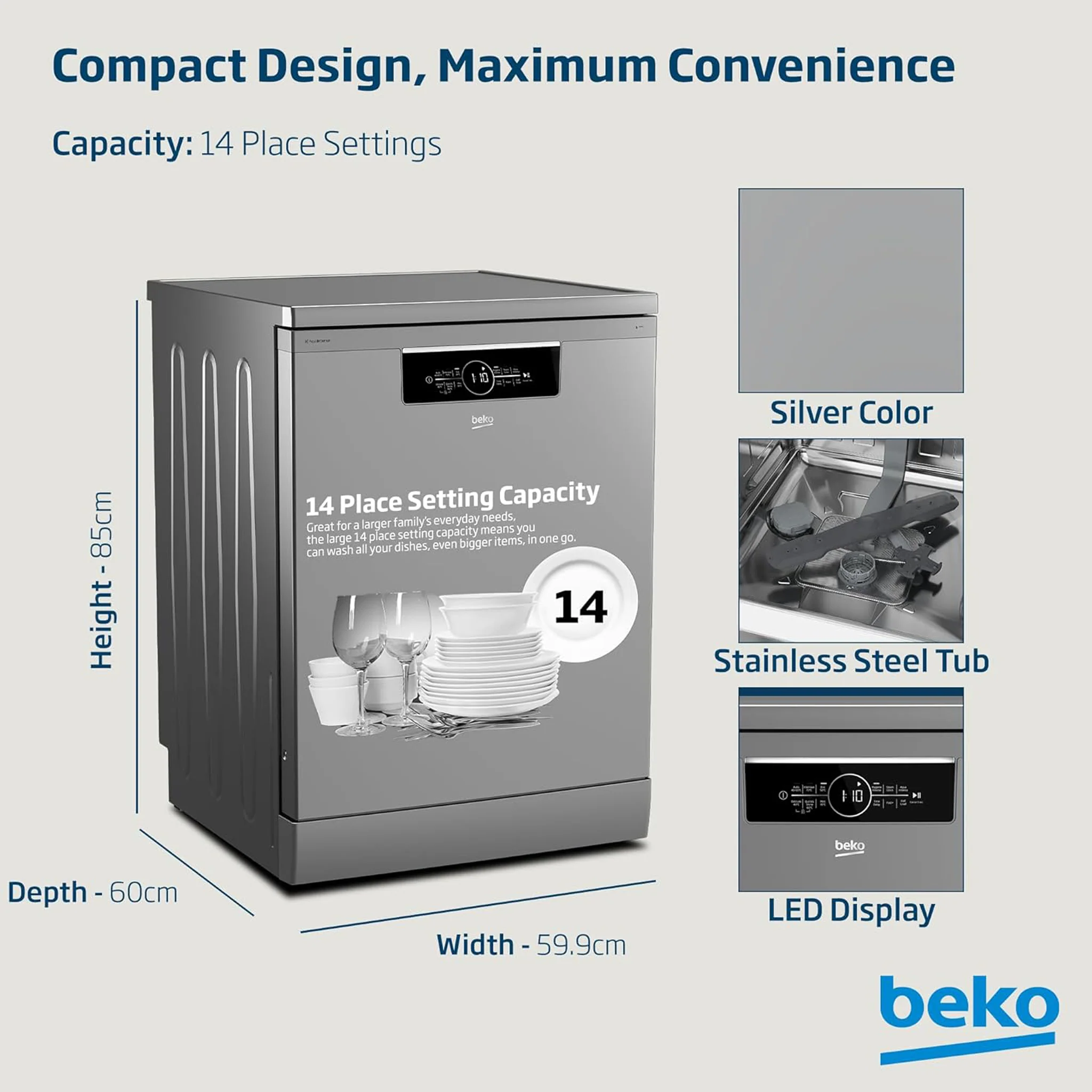 Beko 14 Place Free Standing Dishwasher, BDFN36422SQ - Image 4
