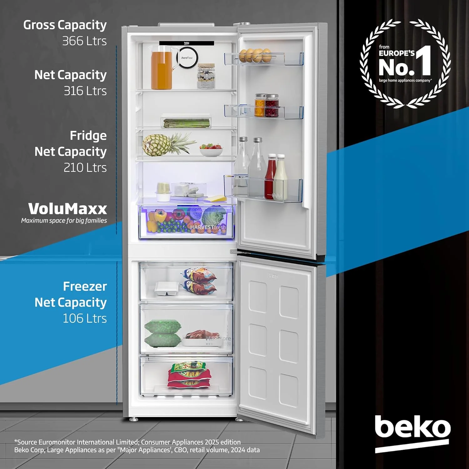 Beko 400L Double Door Refrigerator, RDNE400CS - Image 3