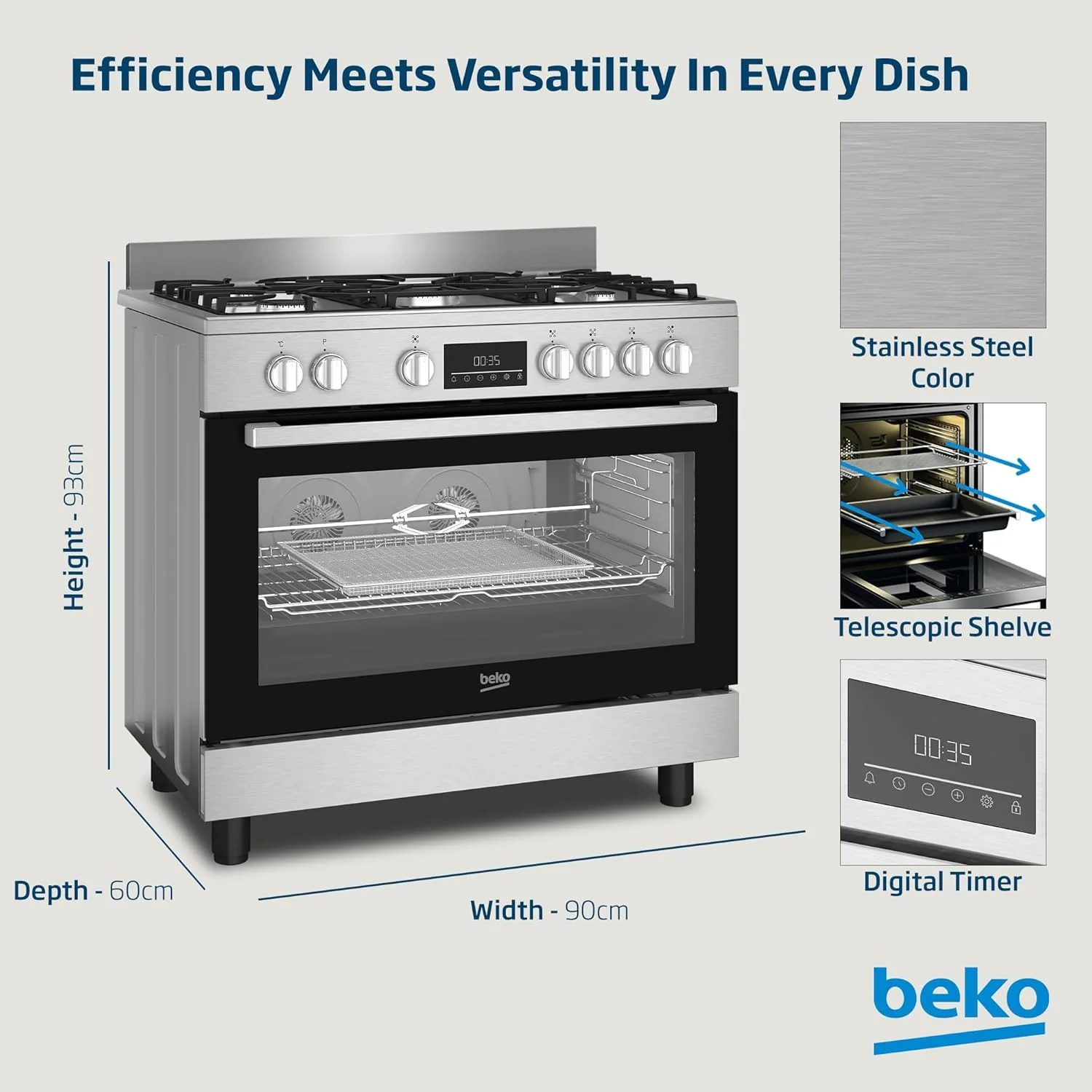 Beko 90X60 Cm 5 Burner Cooking Range, BGTW 11227 EXA - Image 2