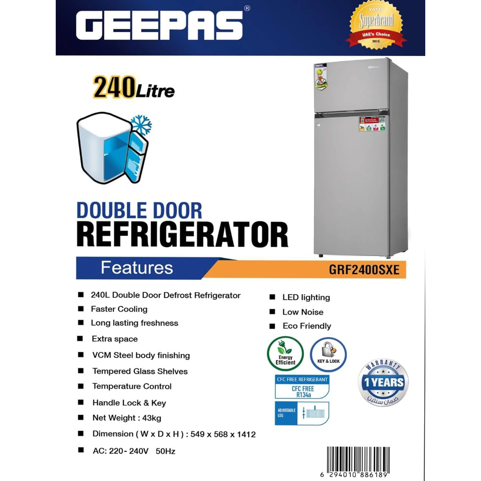 Geepas 240L Top Mount Refrigerator, GRF2400SXE - Image 9