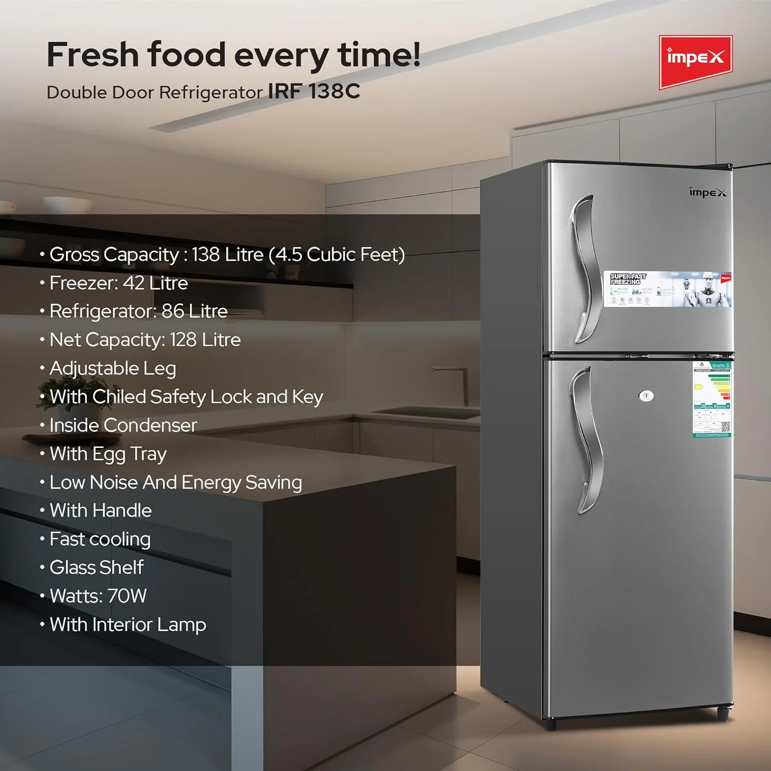 Impex 138L Double Door Refrigerator, IRF 138C - Image 9