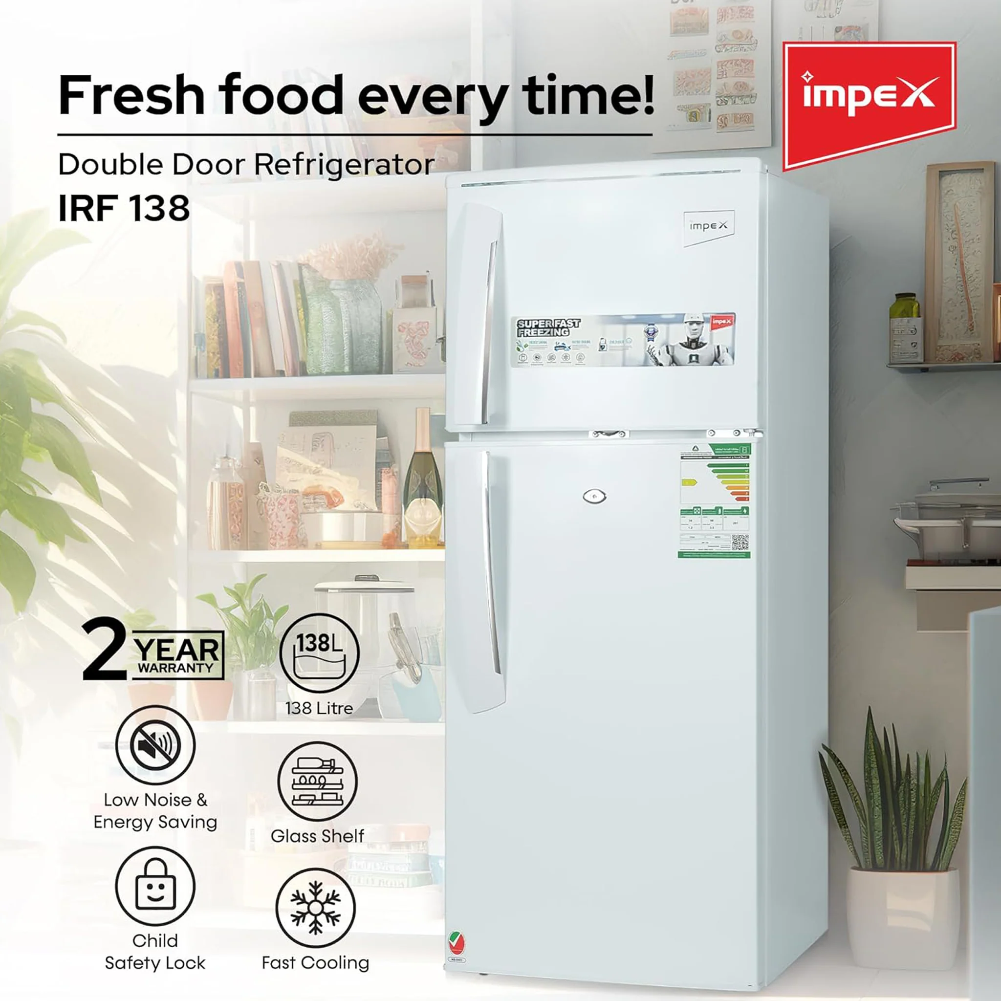 Impex 138L Double Door Refrigerator, IRF138 - Image 2