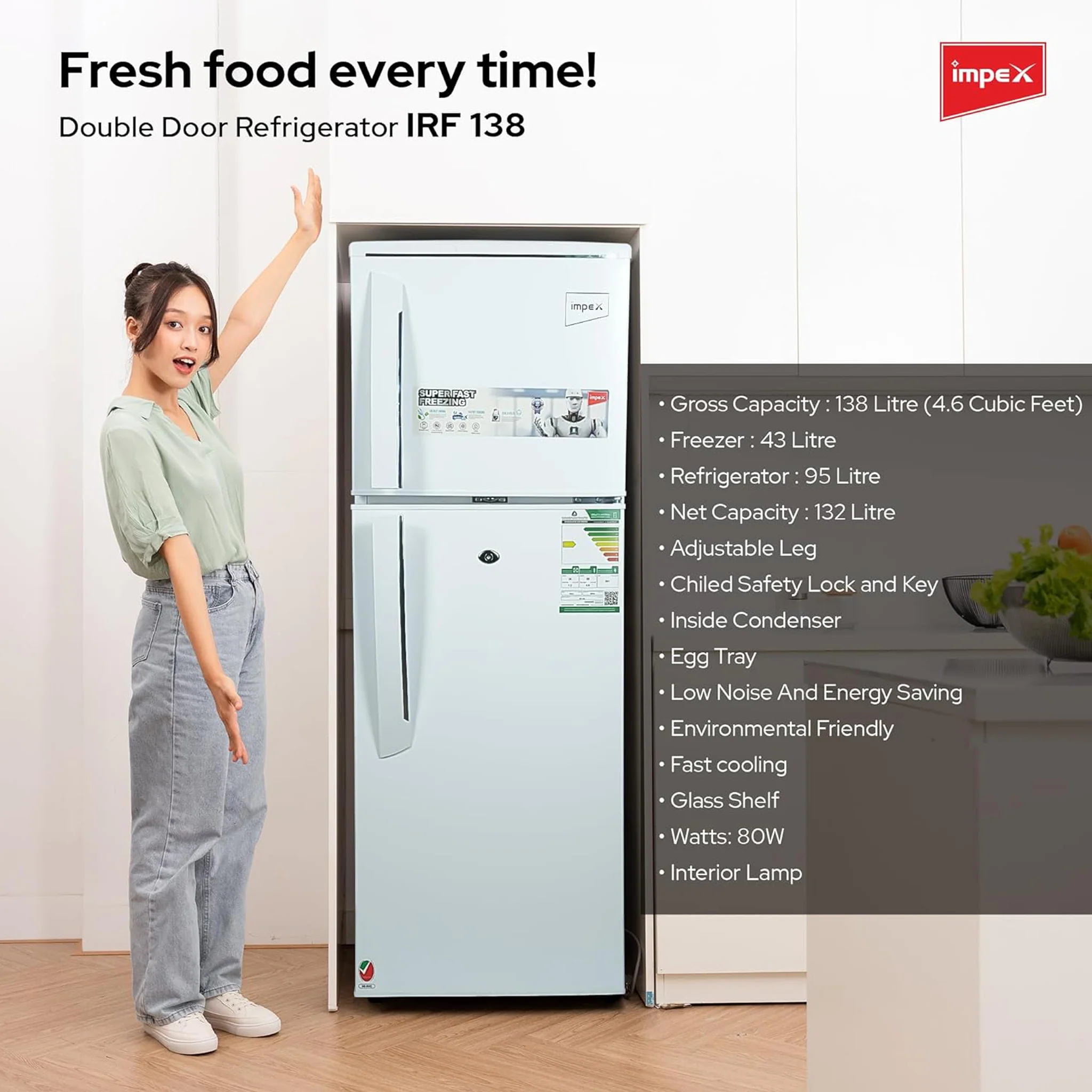 Impex 138L Double Door Refrigerator, IRF138 - Image 7