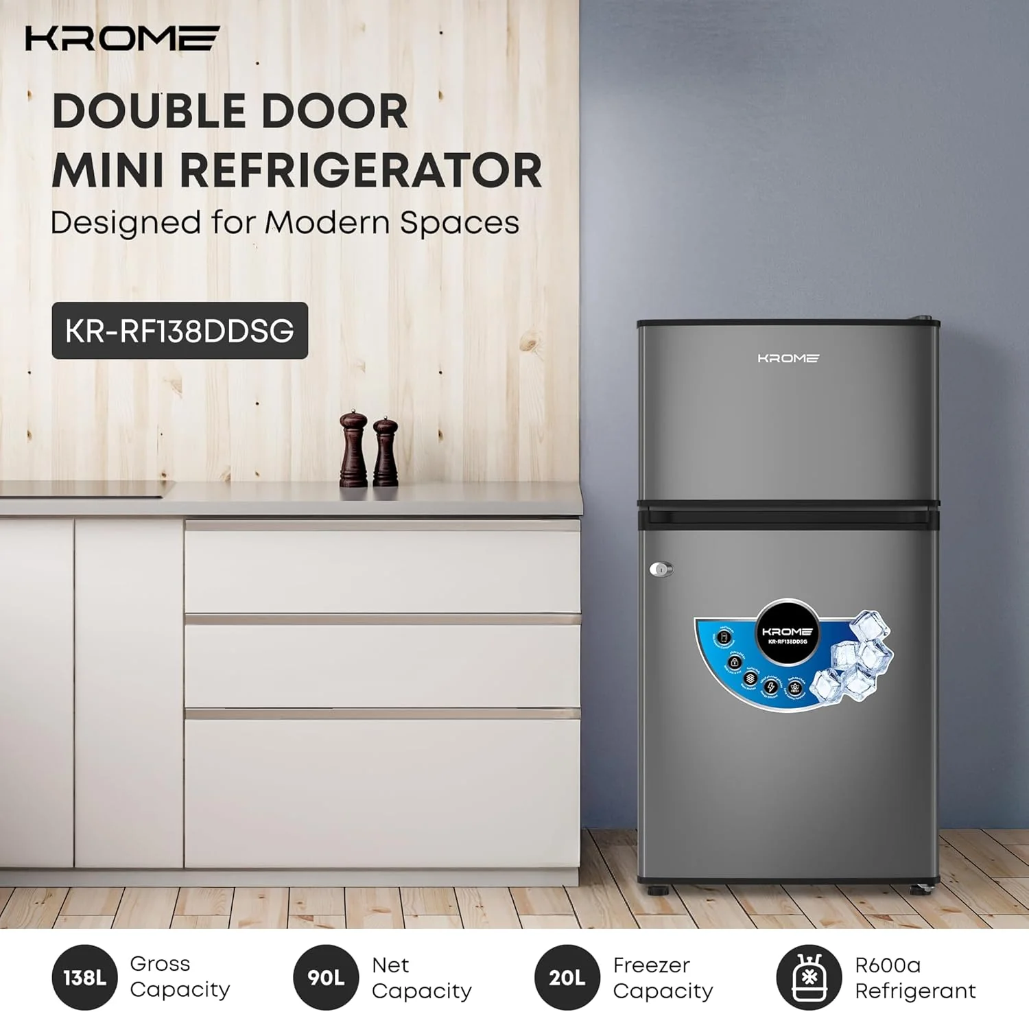 KROME 138L Double Door Refrigerator, KR-RF138DDSG - Image 4