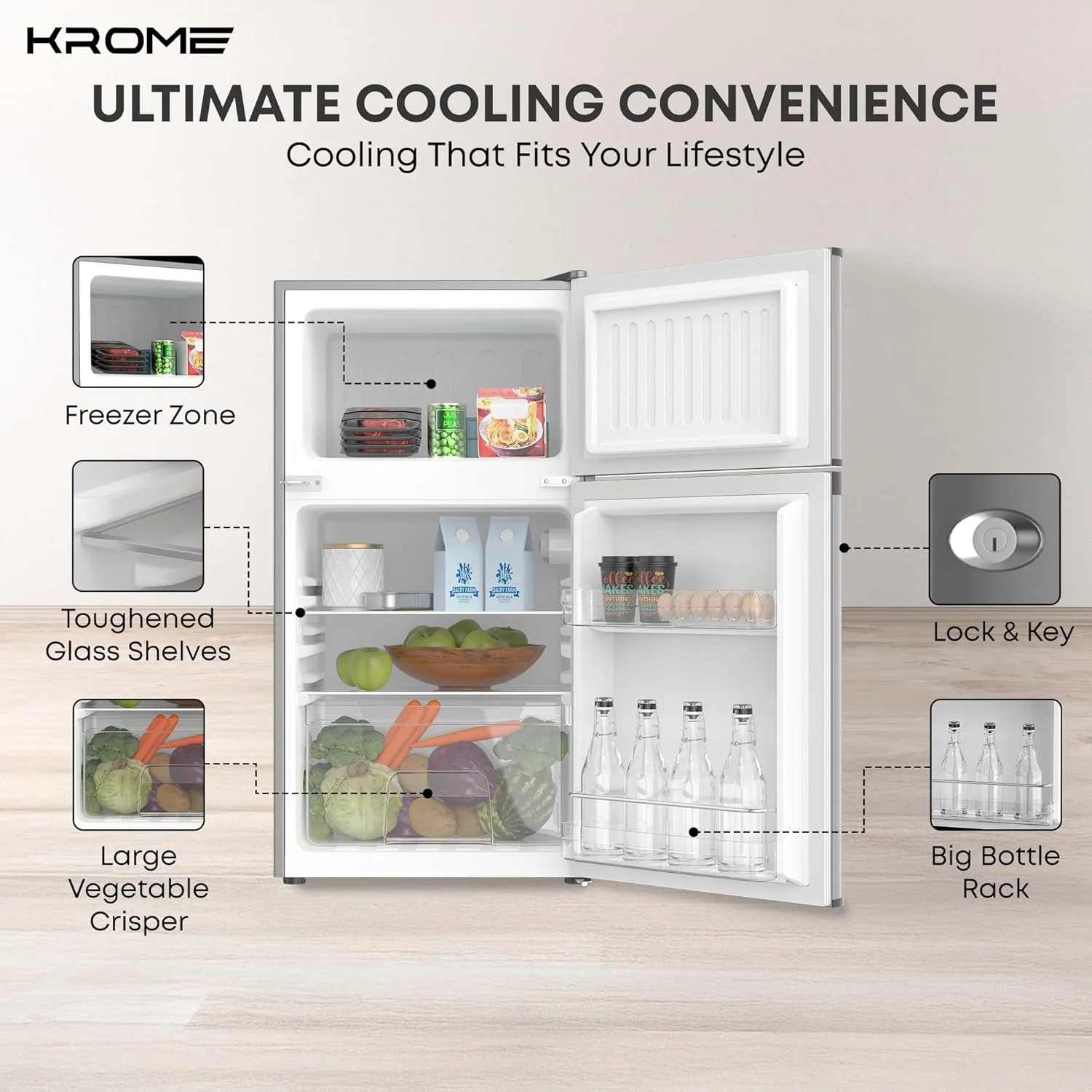 KROME 138L Double Door Refrigerator, KR-RF138DDSG - Image 7