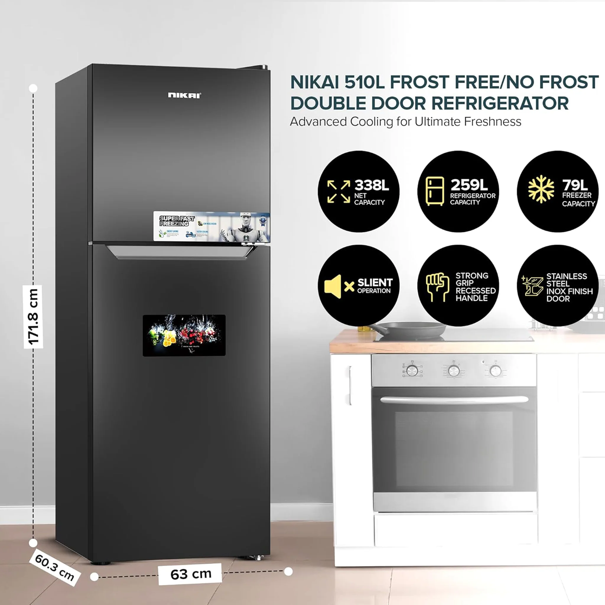 Nikai 510L Double Door Refrigerator, NRF510FSS - Image 4