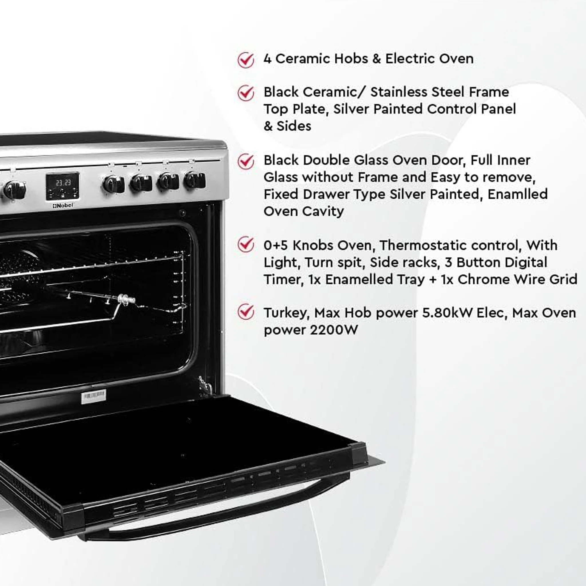 Nobel 60 x 60 Ceramic Cooker with Electric Grill & Oven, NGC60VTC - Image 5
