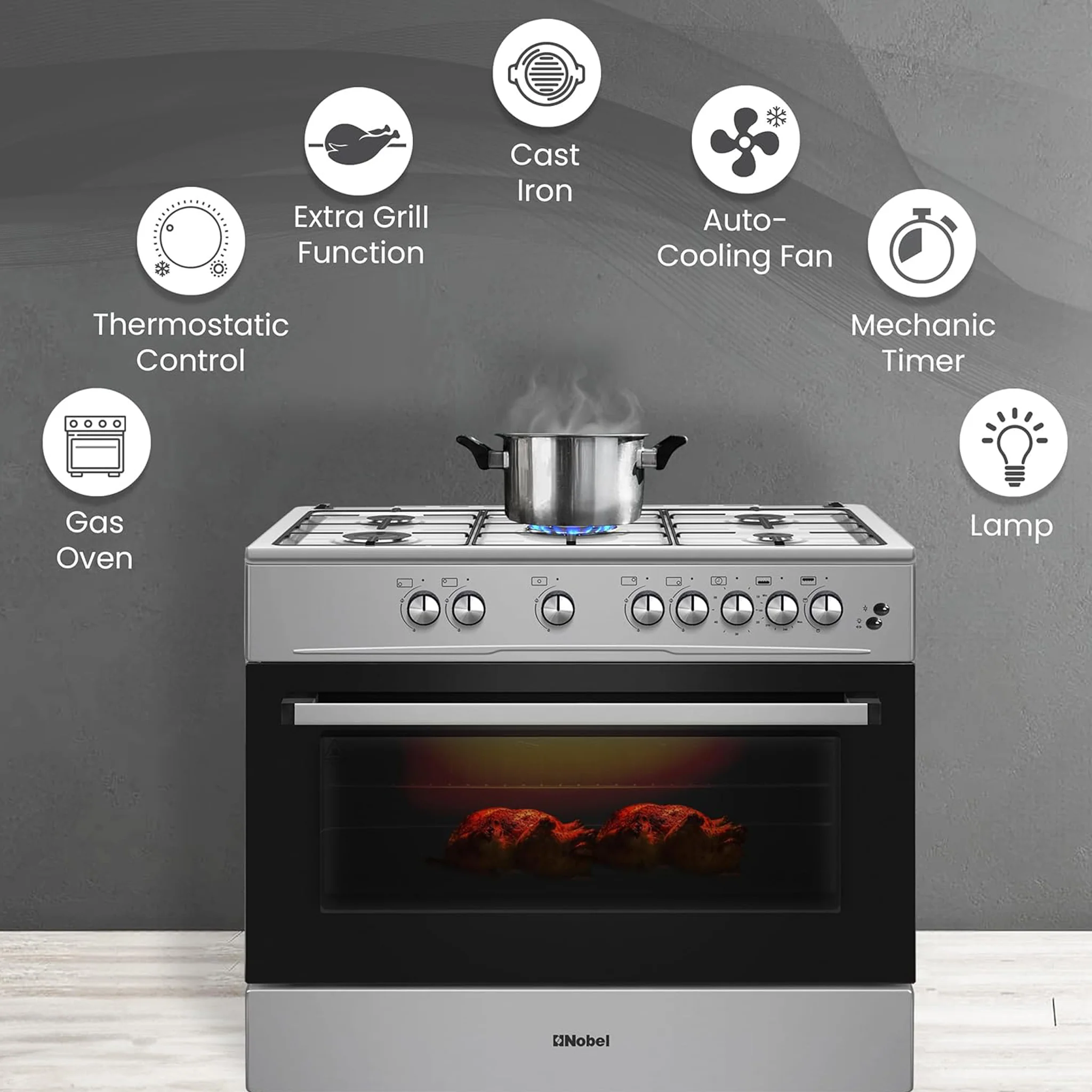 Nobel 90X60 Cm 5 Burner Cooking Range, NGC9699I - Image 5