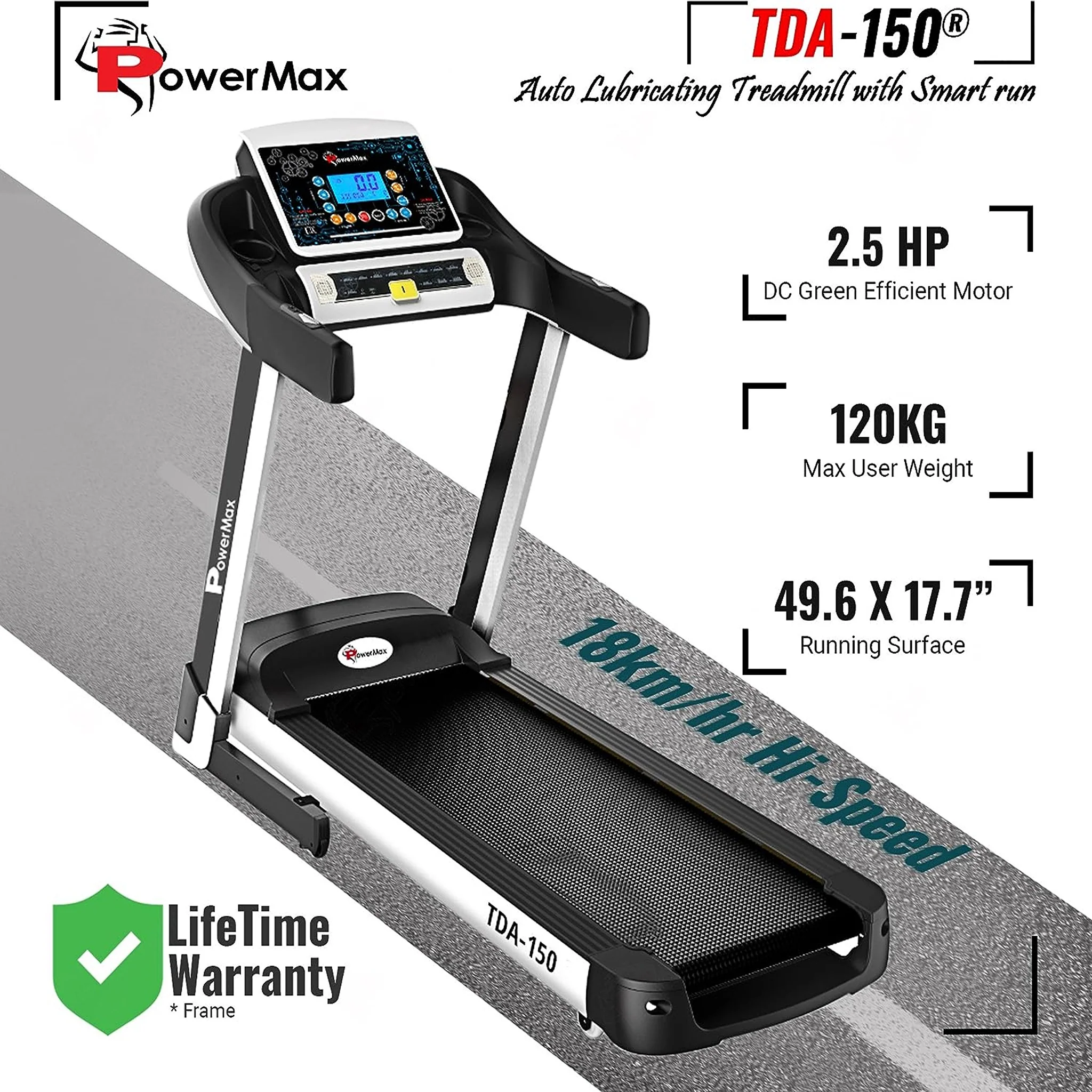 PowerMax 5HP Treadmill with Auto Incline & Hydraulic Softdrop, TDA-150 - Image 2