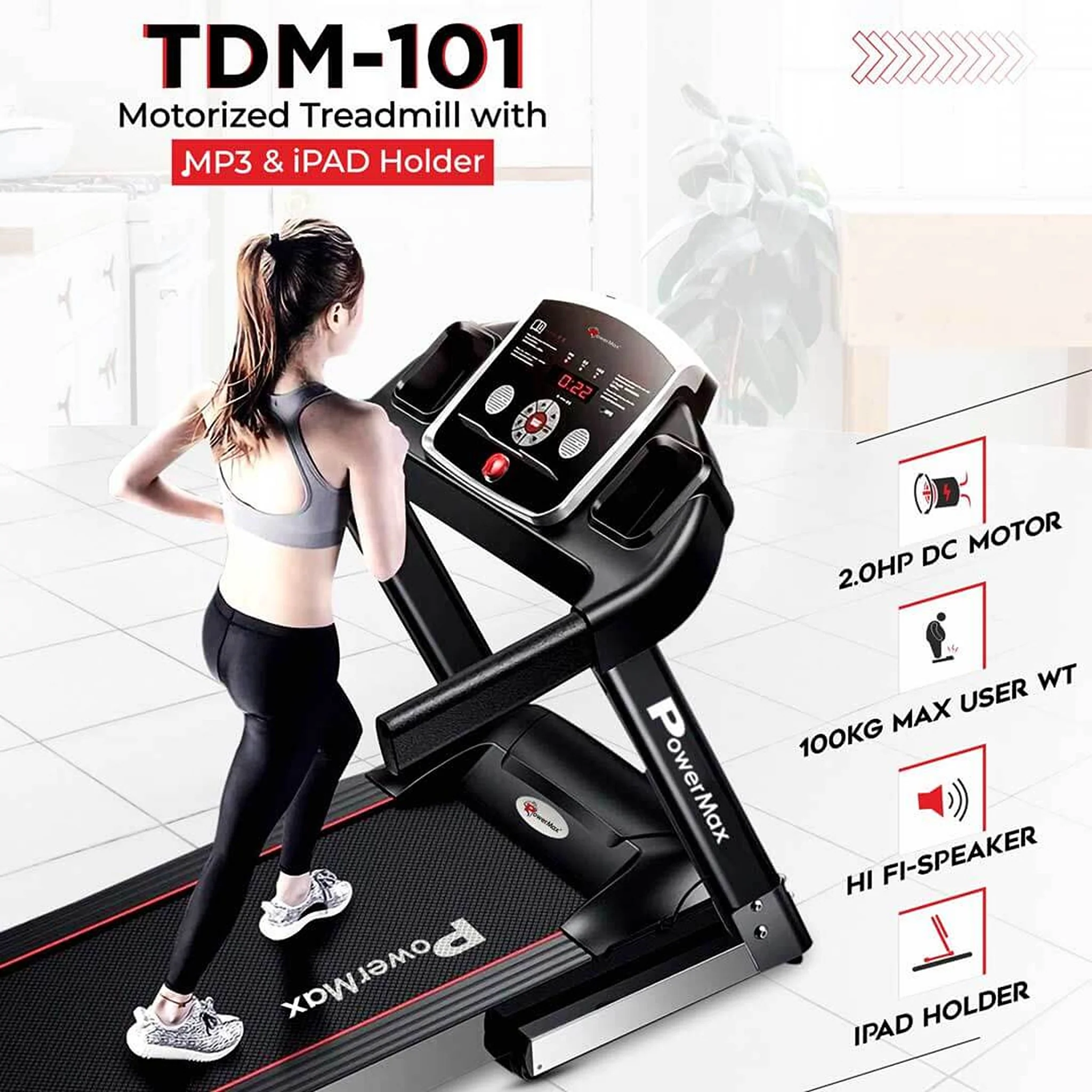 PowerMax Motorized Treadmill with MP3 & iPad Holder, TDM-101 - Image 2